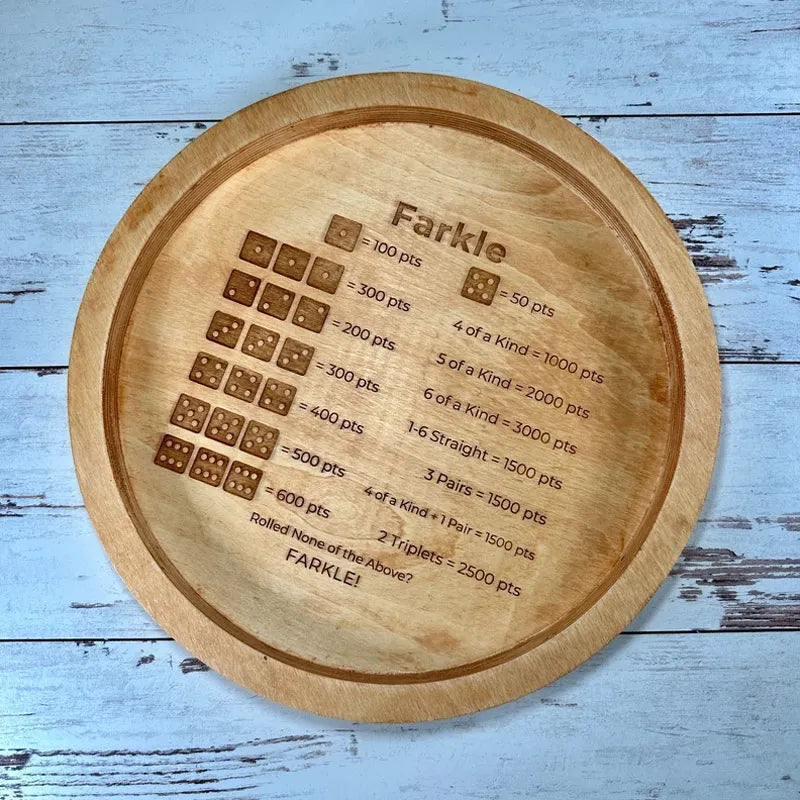 Kalsten | EcoToys FarkleWood | Wooden Farkle Dice Game Tray with Engraved Score Table - 6 Dice for Cozy Game Nights