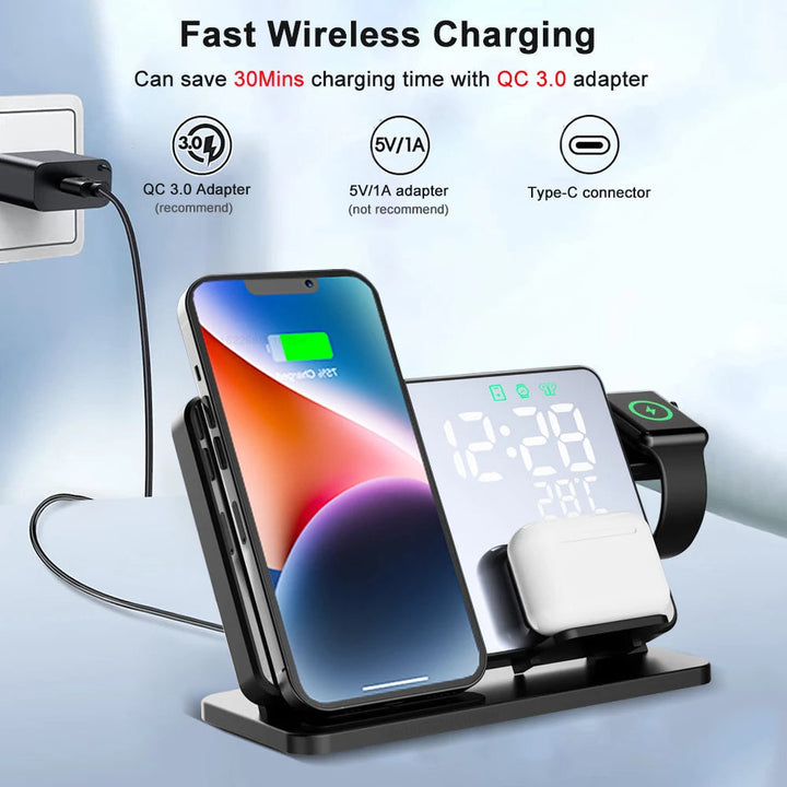 Kalsten | 3-in-1 Quick Charge Station | Premium Wireless Fast Charging Docking Station with Alarm Clock | for Apple iPhone, Watch & AirPods