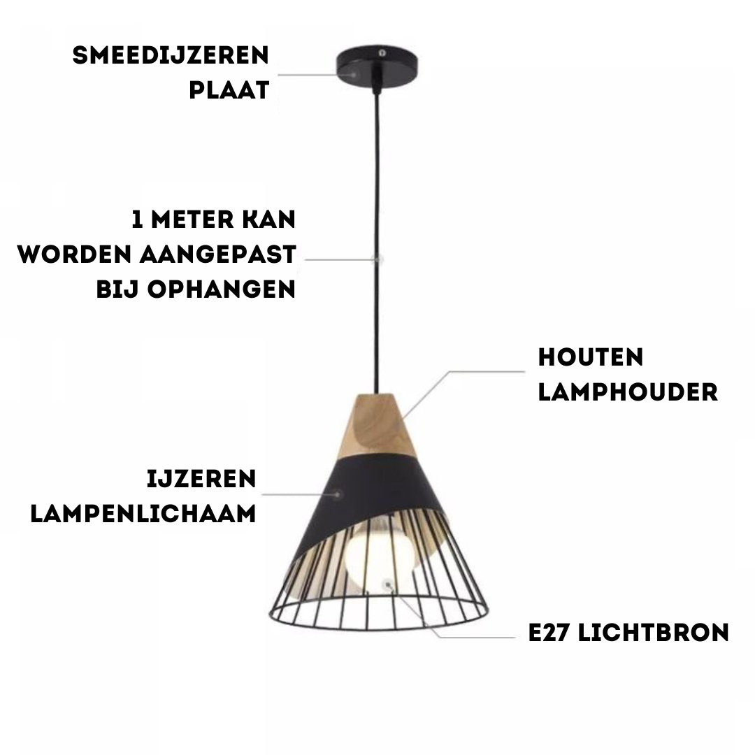 Modern Industrial Pendant Light in Scandinavian Style – Wood & Metal Noxord