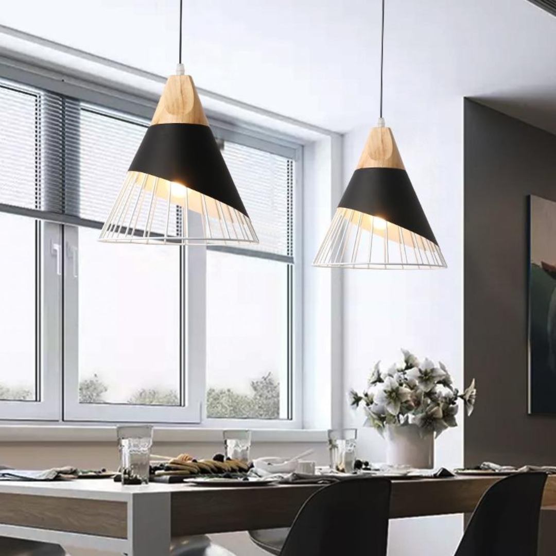 Modern Industrial Pendant Light in Scandinavian Style – Wood & Metal Noxord