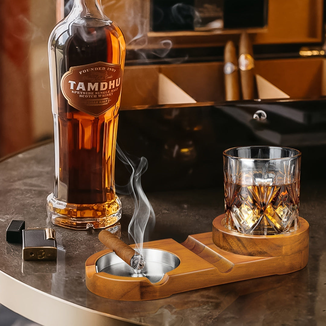Kalsten | CigarOak Ashtray with Whiskey Holder – Luxury Wooden Tray for Cigar Lovers
