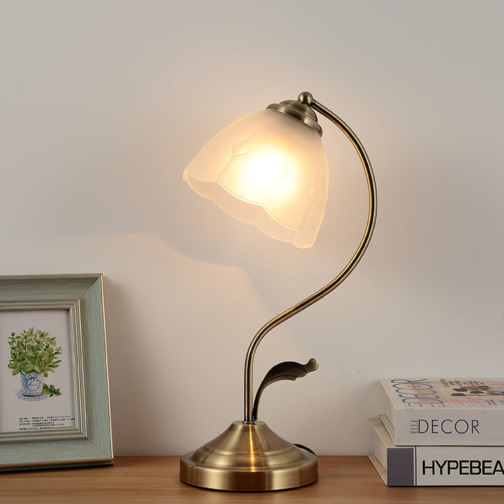 LuxePetal – White and Blue Glass Floral Table Lamp in Gold | Kalsten