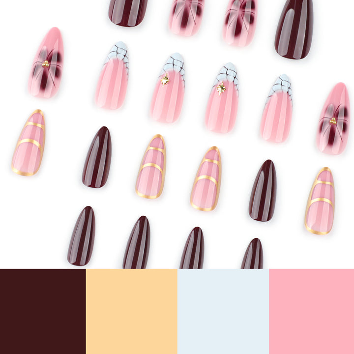 Artful Stiletto nails with gold accents and decorative floral designs Kalsten