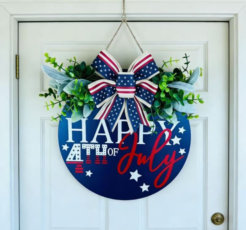 Unisex nan Patriotic Round Wooden Door Sign with Bow and Faux Greenery Kalsten
