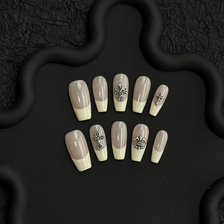 Artisanal Press-On Nails with Cross and Fleur-de-Lis Design