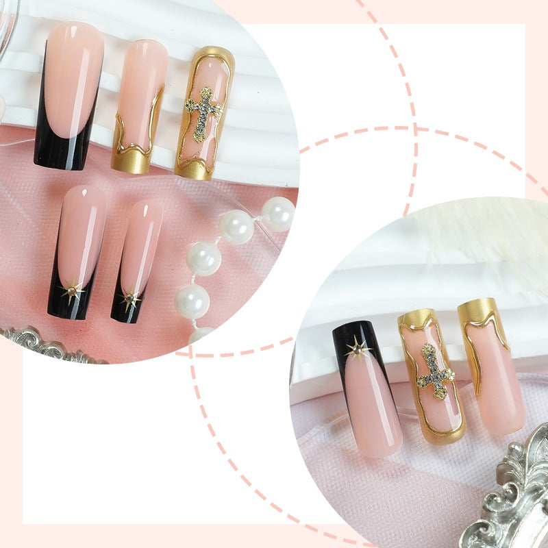 Nail set with elegant black-blush design and 3D accents Kalsten