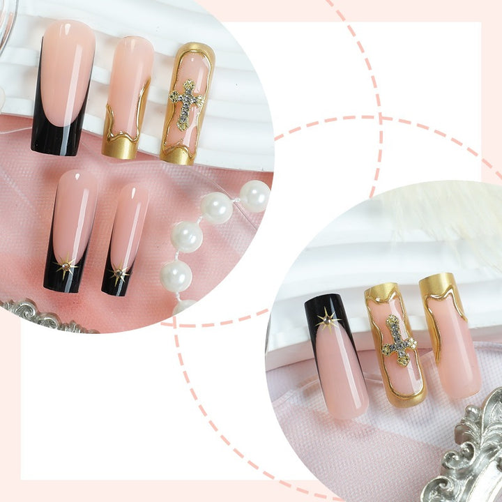 Nail set with elegant black-blush design and 3D accents Kalsten