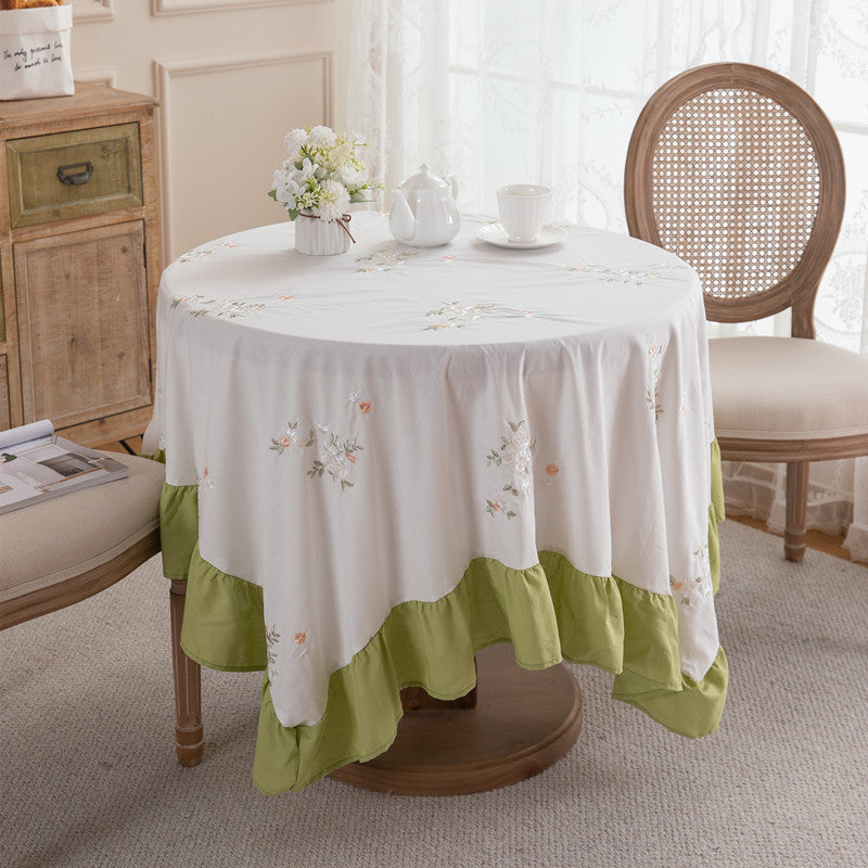 Embroidered Floral Ruffled Tablecloth