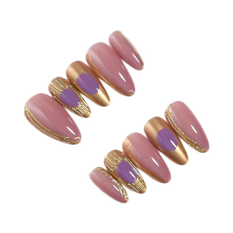 Artistic Press-On Nail Set with Gold and Purple Accents Kalsten