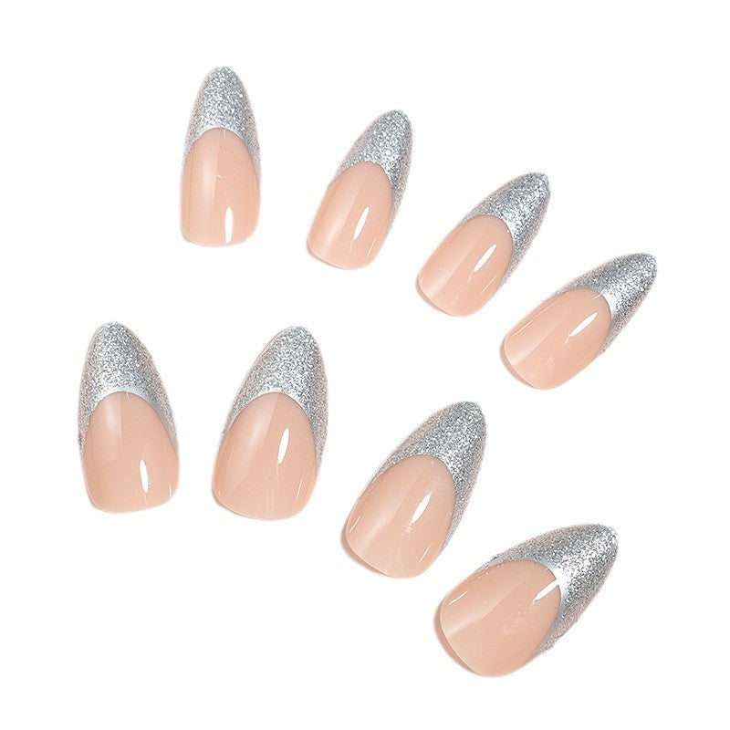 Elegant Glossy Almond-Shaped Press-On Nails with Silver Glitter Tips Kalsten