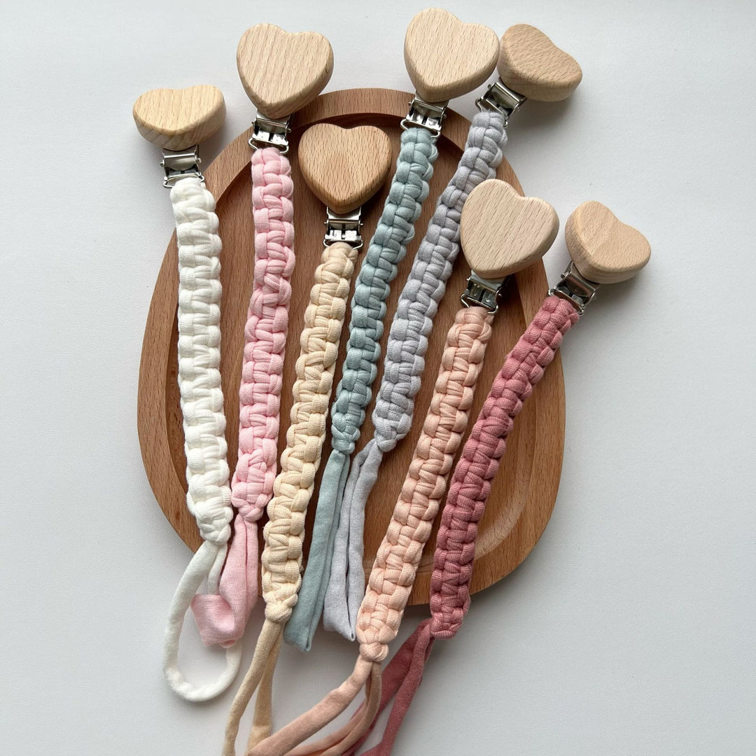 Braided Cotton Pacifier and Teether Clip with Heart Wooden Safety Clamp