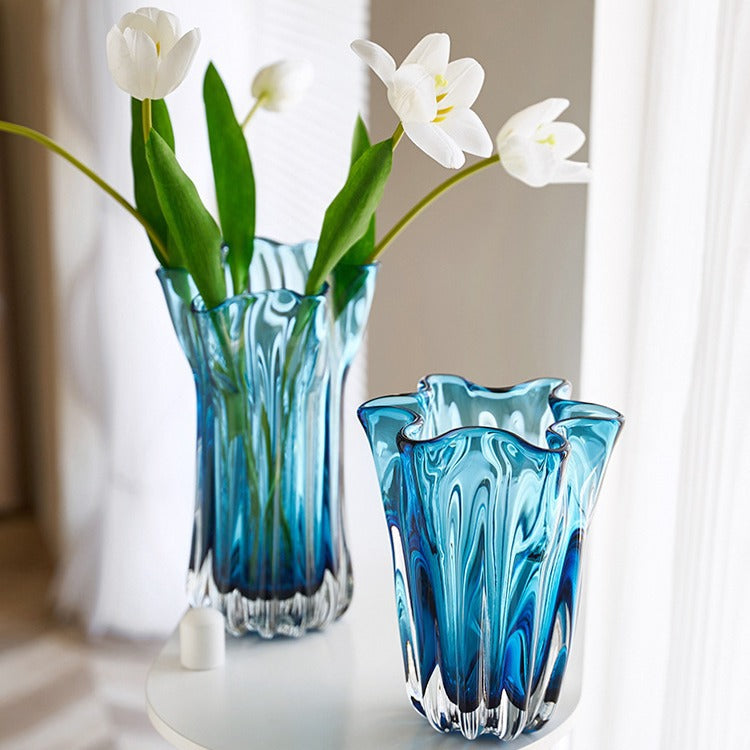 Handblown Ribbed Petal-Rim Decorative Glass Centerpiece Vase Kalsten