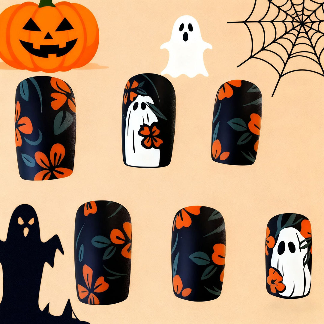 Artistic Floral Ghost-Themed Nail Art Enhancements Kalsten