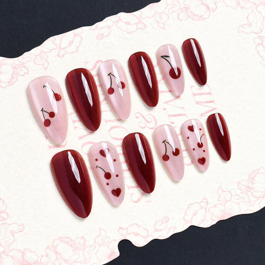 Artistic Press-On Nail Set with Cherry Blossom Design Kalsten