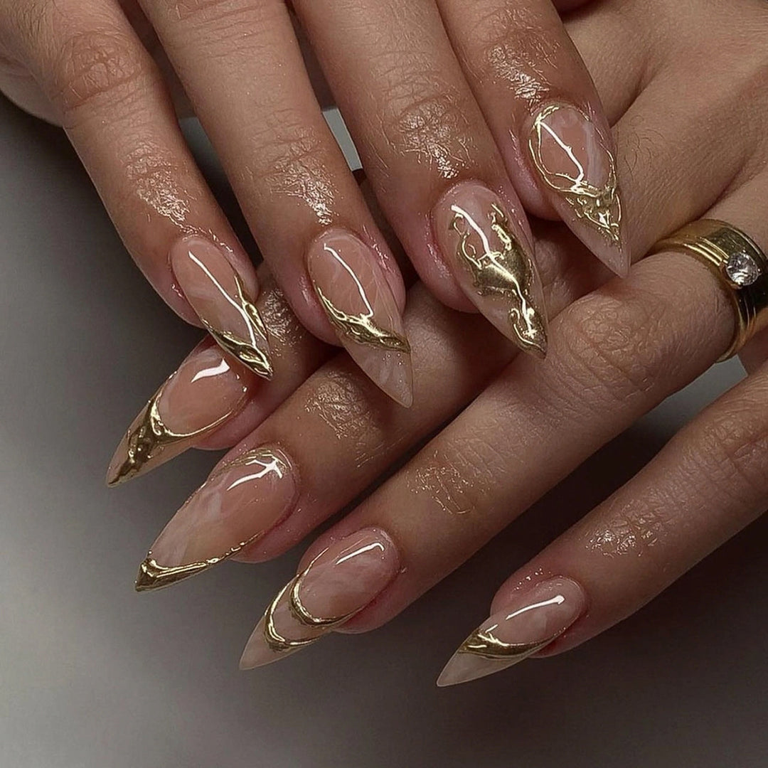 Artful Nail Extensions with Fine Golden Accents Kalsten