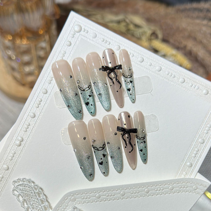 Elegant Stiletto Press-On Nail Set with Rhinestone and Bow Accents Kalsten
