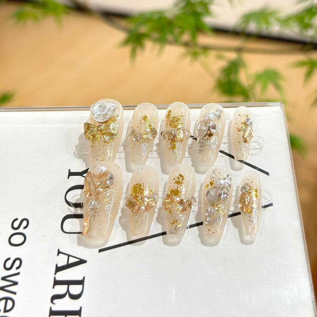 Decorative Press-On Nail Art Set with Gemstone and Bow Accents