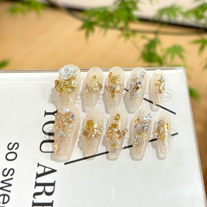 Decorative Press-On Nail Art Set with Gemstone and Bow Accents