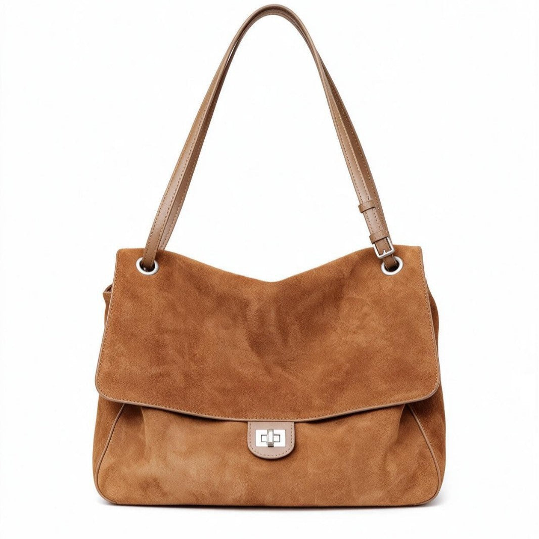 Suede Shoulder Tote Bag with Flap and Turn-Lock Closure