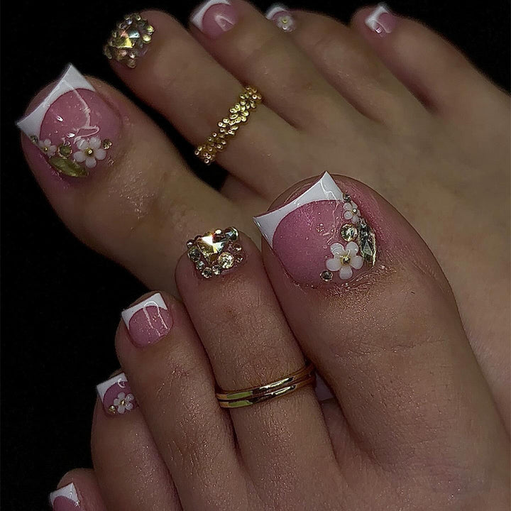 Acrylic nail set with elegant 3D flowers and glitter accents Kalsten