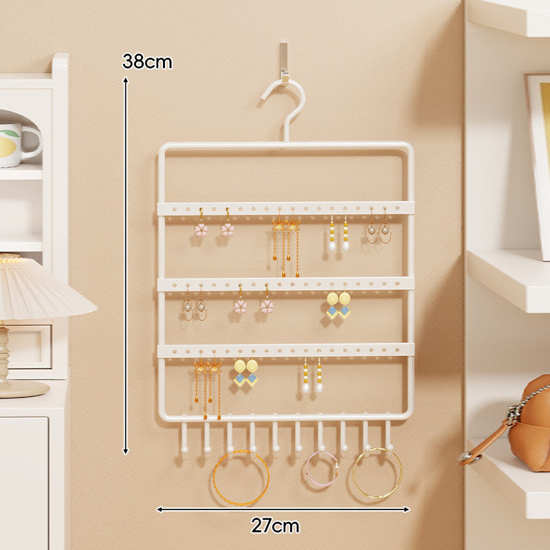 Wall-Mounted Multi-Tier Jewelry Organizer with Tiered Rods and Hanging Hooks