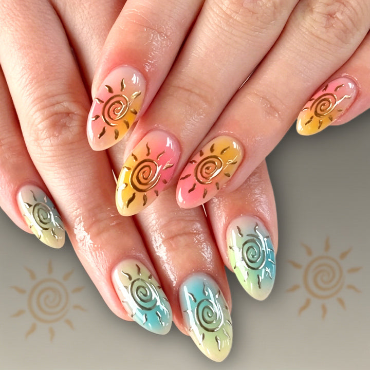 Artistic Press-On Nail Set Featuring Sun Designs Kalsten