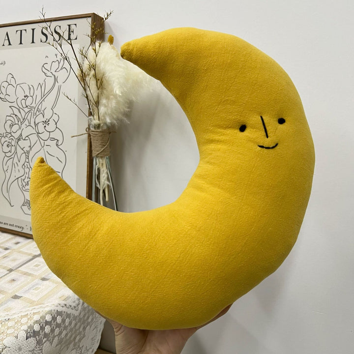 Crescent Moon Plush Decorative Cushion with Embroidered Face