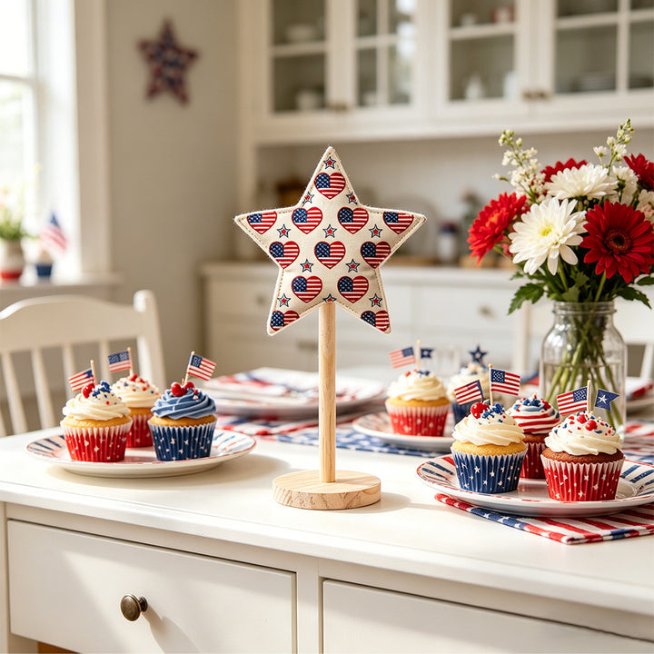 Unisex decorative star decoration figures made of fabric on wooden stand Kalsten