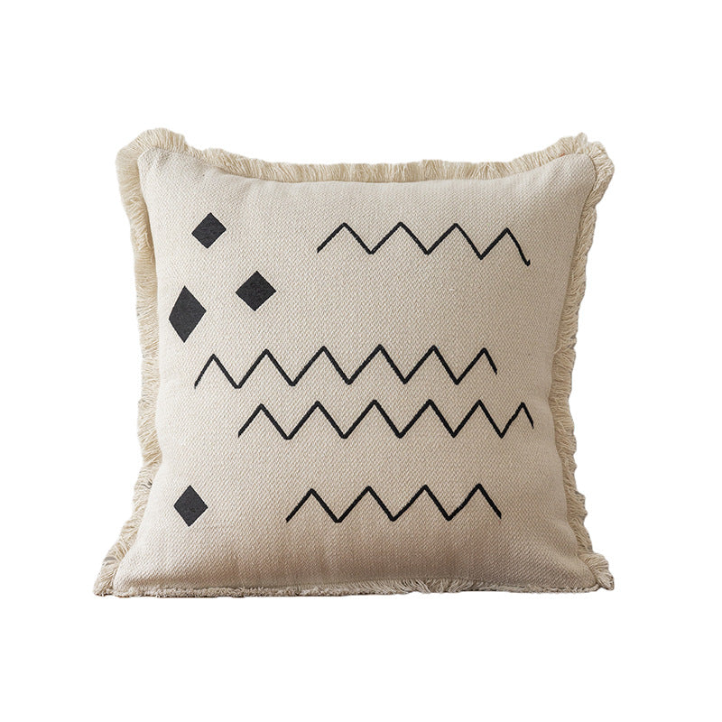 Decorative Embroidered Fish & Waves Fringe Throw Pillow with Linen-Blend Cover