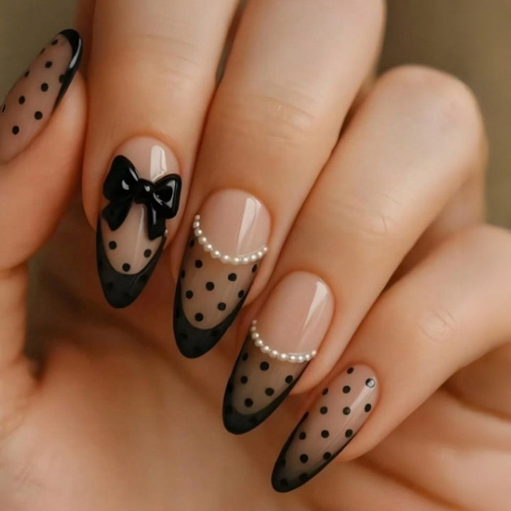 Elegant Polka Dot Press-On Nails with Bow Accents Kalsten