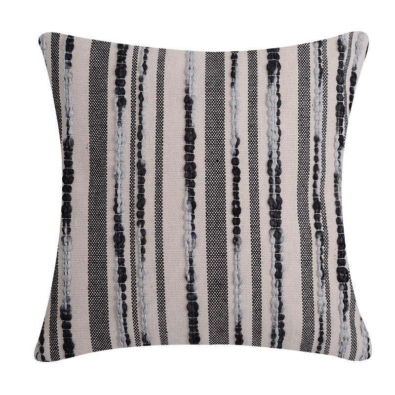 Decorative square cushion cover made of cotton-linen with tufted stripes and bouclé accents