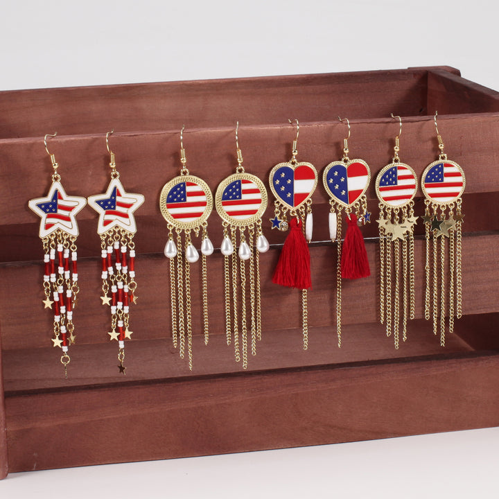 Women's nan long beaded fringe dangle earrings with enamel flag medallion and crystal drops Kalsten
