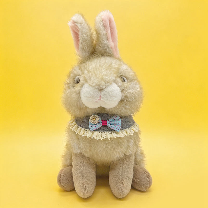Sitting Plush Bunny with Lace-Trimmed Bow Collar and Ultra-Soft Faux Fur Kalsten