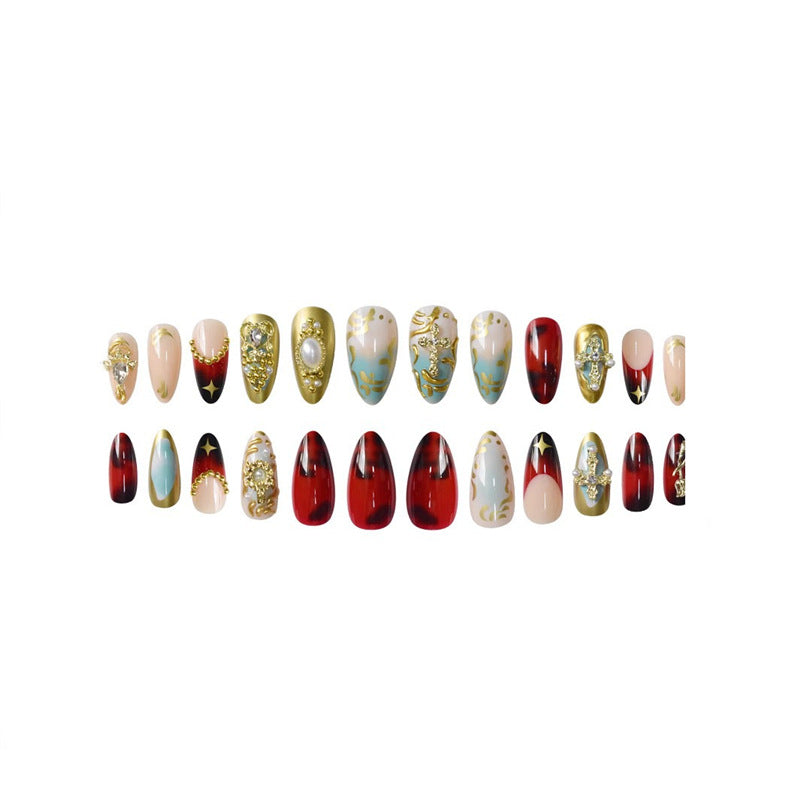 Artistic Decorative Press-On Nail Set with Gemstone and Pearl Accents Kalsten