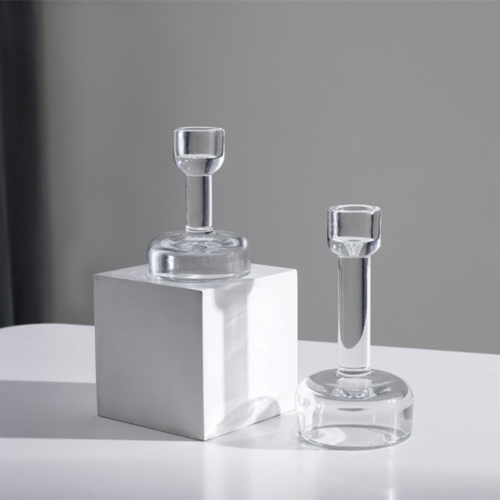 Minimalist Clear Glass Taper Candle Holder Pair with Weighted Base Kalsten