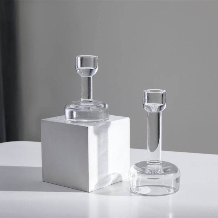 Minimalist Clear Glass Taper Candle Holder Pair with Weighted Base Kalsten