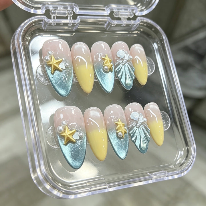 Decorative Press-On Nail Set with Ocean-Inspired Designs Kalsten