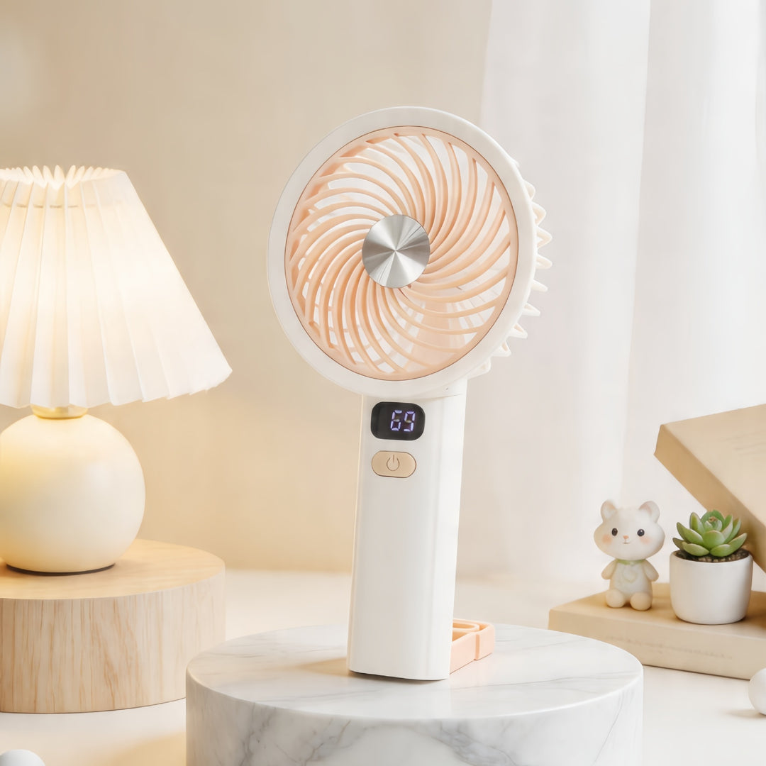 Unisex portable USB hand fan with digital LED display, battery-operated and multi-speed control Kalsten