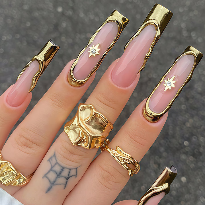 Artistic Long Nail Tips Set with Gold Accents Kalsten