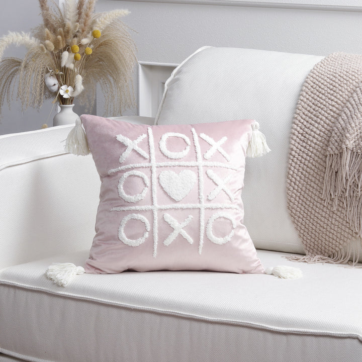 Square Decorative Pillow Cover with Fuzzy Heart Appliqué and Tassel Corners