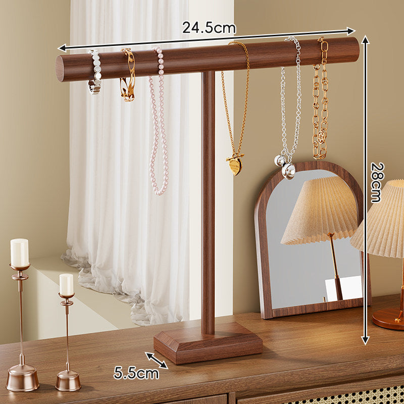 Wooden Necklace and Bracelet Display Stand with T-Bar Organizer and Weighted Base