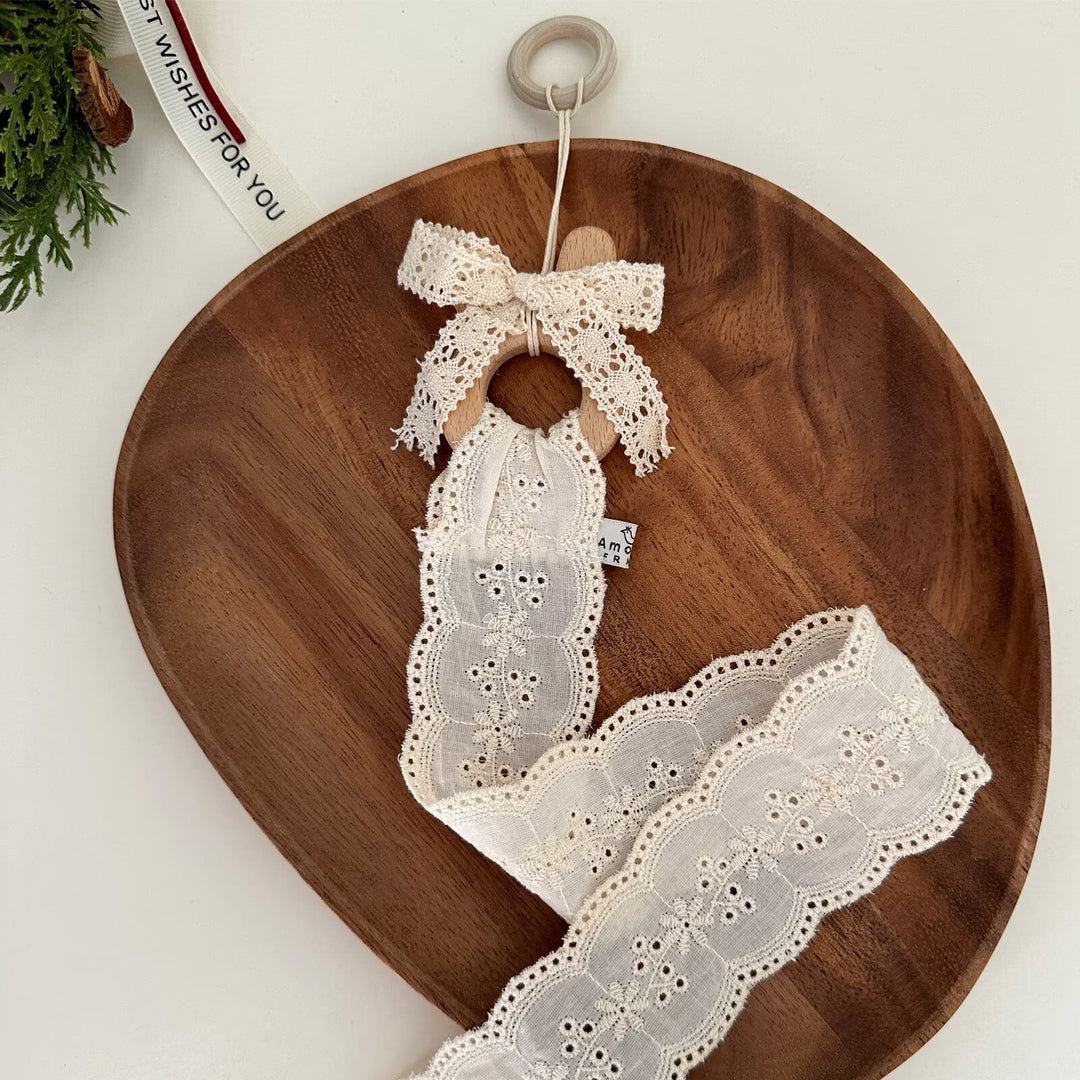 Wooden Elephant Teether with Organic Lace Sensory Ribbon