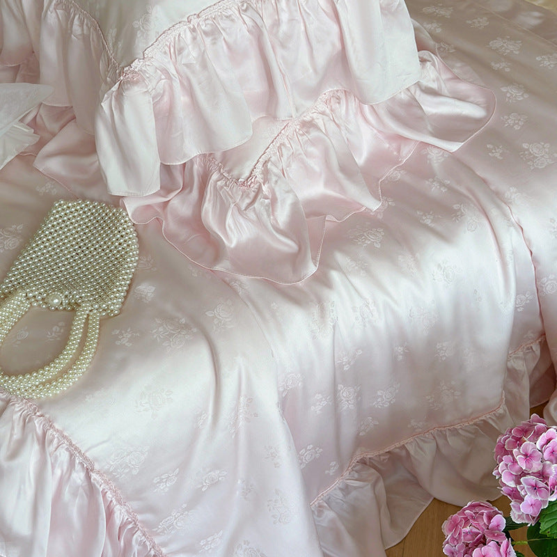 Elegant satin bedding set with jacquard floral pattern and ruffles