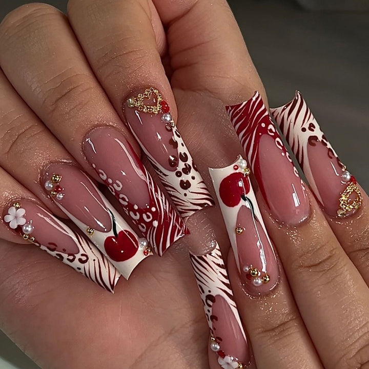 Decorative Long Press-On Nail Art with Gem Accents Kalsten