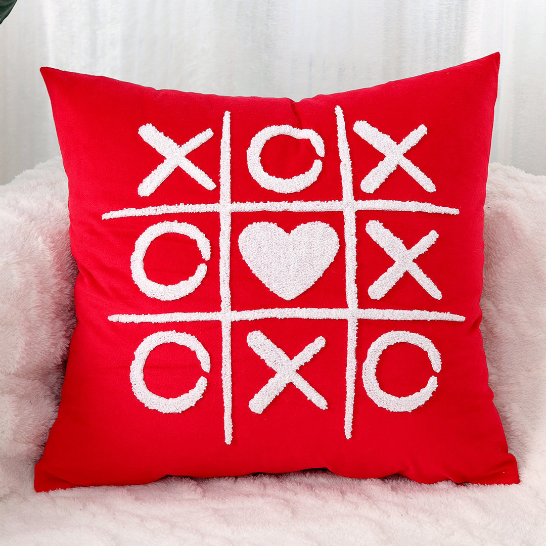 Square Decorative Pillow Cover with Fuzzy Heart Appliqué and Tassel Corners