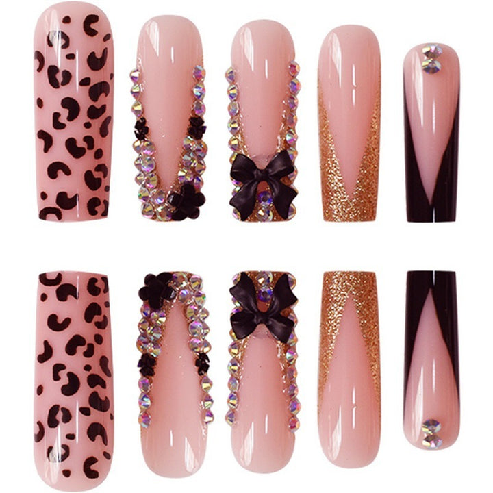 Glamorous Press-On Nail Art Set with Rhinestone and Leopard Accents Kalsten