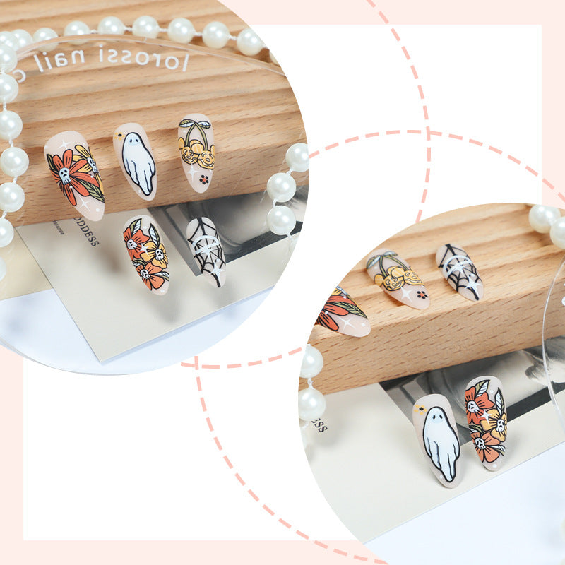 Artistic Press-On Nail Set with Seasonal Floral and Ghost Designs kalsten