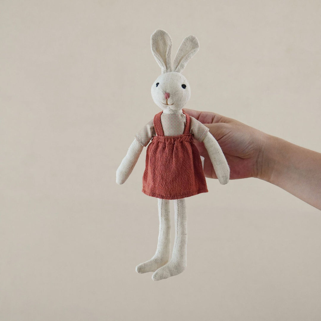 Handmade Linen Plush Bunny Doll with Bow Tie and Removable Overalls