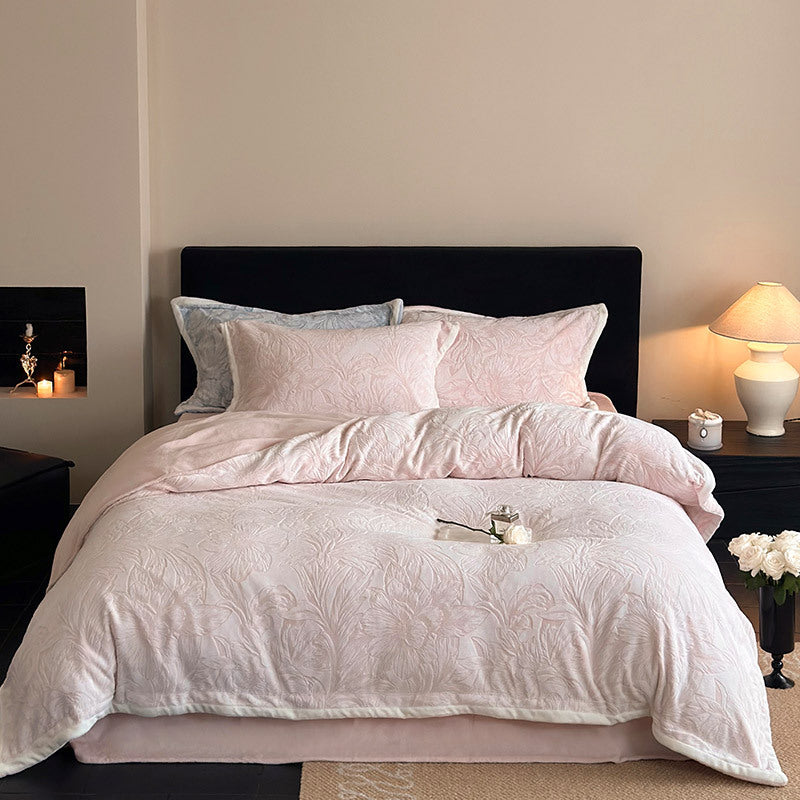 Quilted Velvet Duvet Cover Set with Floral Relief and Soft Filling Edge