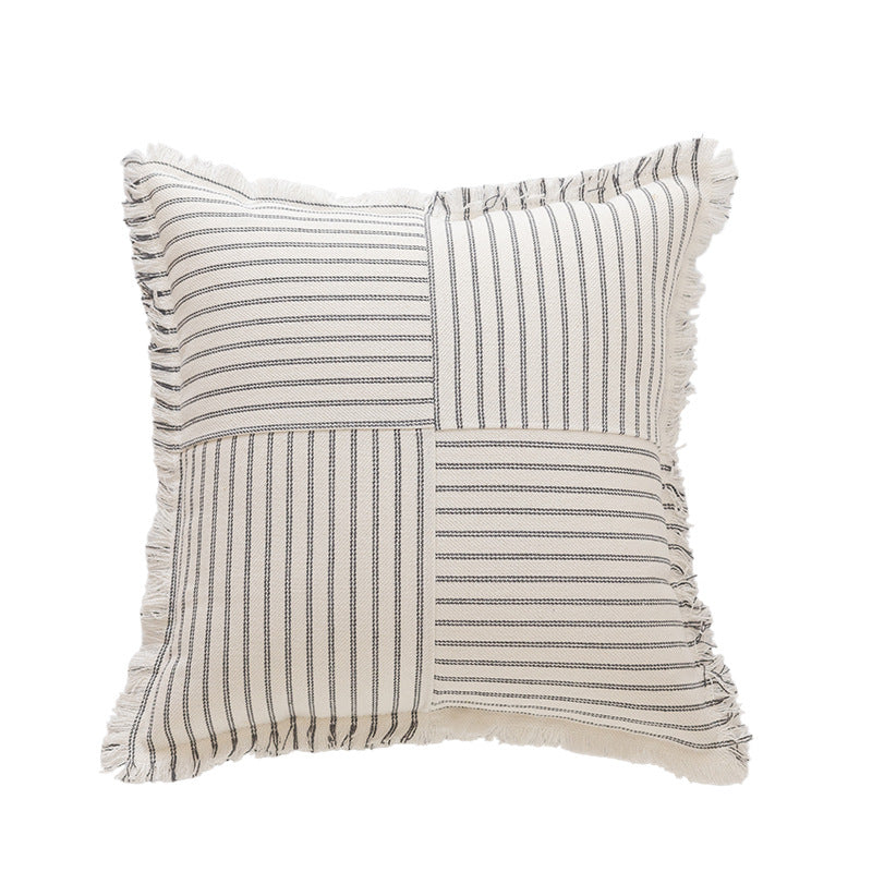 Decorative Rectangular Striped Patchwork Throw Pillow with Fringed Edges